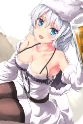 Rule 34 | 1girl, absurdres, alcohol, armpits, avrora (azur lane), azur lane, bare shoulders, beer, black pantyhose, blue eyes, breasts, cleavage, collarbone, cup, dress, drink, drinking glass, from above, hat, highres, long hair, looking at viewer, medium breasts, open mouth, pantyhose, silver hair, simple background, sitting, smile, solo, ten0309ten