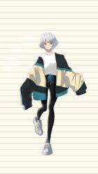 Rule 34 | 1girl, absurdres, bang dream!, bang dream! it&#039;s mygo!!!!!, black pants, brown background, closed mouth, commentary request, heterochromia, highres, jacket, kaname raana, leggings, long sleeves, off shoulder, open clothes, open jacket, pants, purple eyes, shirt, shoes, short hair, shu atelier, sleeves past fingers, sleeves past wrists, smile, sneakers, solo, standing, standing on one leg, striped background, white footwear, white hair, white shirt