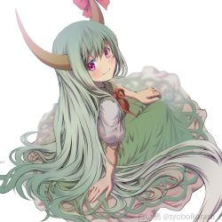 Rule 34 | 1girl, arm support, bad perspective, blurry, dress, ex-keine, from above, green dress, green hair, horn ornament, horns, kamishirasawa keine, long hair, looking at viewer, looking back, puffy short sleeves, puffy sleeves, ribbon, shiroi karasu, short sleeves, sitting, smile, solo, touhou, very long hair