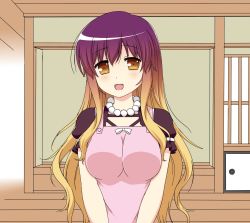 Rule 34 | 1girl, :d, apron, arm garter, bead necklace, beads, blonde hair, blush, breasts, cpu (hexivision), gradient hair, highres, hijiri byakuren, indoors, jewelry, large breasts, long hair, looking at viewer, multicolored hair, necklace, one-hour drawing challenge, open mouth, pearl necklace, pink apron, prayer beads, purple hair, short sleeves, sidelocks, smile, solo, touhou, upper body, v arms, yellow eyes