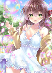 Rule 34 | 1girl, :d, absurdres, blush, braid, breasts, brown hair, bubble, cardigan, cleavage, collarbone, commentary request, cowboy shot, dress, floating hair, frilled dress, frills, green eyes, hair between eyes, hair ribbon, highres, long hair, long sleeves, looking at viewer, medium breasts, open cardigan, open clothes, open mouth, original, red ribbon, ribbon, short dress, single braid, sleeveless, sleeveless dress, smile, solo, standing, sundress, sunlight, thigh gap, uonuma yuu, very long hair, white dress, yellow cardigan