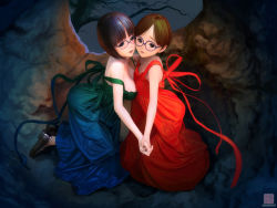 Rule 34 | 2girls, arched back, asymmetrical docking, bare arms, bare shoulders, black eyes, black hair, blue dress, blunt bangs, blush, bob cut, breast press, breasts, brown hair, dress, flat chest, from above, from side, glasses, gown, highres, holding hands, interlocked fingers, leaning forward, light smile, logo, long dress, looking at viewer, medium breasts, multiple girls, original, parted bangs, parted lips, red dress, short hair, siblings, sisters, sleeveless, sleeveless dress, smile, strap slip, yasumori zen