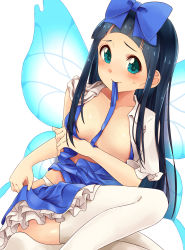 Rule 34 | 1girl, aqua eyes, black hair, blush, breasts, collarbone, fairy, fairy wings, frills, hair ribbon, hayaneko (ceceragi), highres, long hair, looking at viewer, mouth hold, open clothes, open shirt, panties, ribbon, shirt, simple background, sitting, skirt, small breasts, smile, solo, star sapphire, sweatdrop, thighhighs, touhou, underwear, white background, white thighhighs, wings