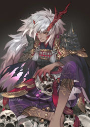 Rule 34 | 1boy, anklet, armor, artist name, barefoot, bell, claws, dark-skinned male, dark skin, demon boy, feet out of frame, full body, gold trim, gradient background, horns, japanese armor, jewelry, kadeart, knee up, long hair, looking at viewer, male focus, no shoes, oni, oni horns, open mouth, original, parted lips, shoulder armor, simple background, sitting, skull, solo, tassel, tattoo, white hair, wide sleeves, yellow eyes