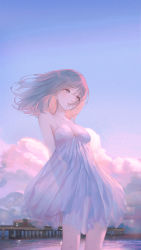 Rule 34 | 1girl, arms behind back, blue sky, breasts, brown hair, cleavage, dress, dusk, highres, long hair, medium breasts, original, outdoors, parted lips, pier, pleated dress, see-through silhouette, sky, solo, standing, sul ( 20sub)