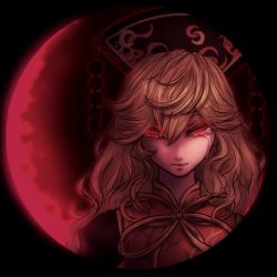 Rule 34 | 1girl, blonde hair, crescent, crescent moon, crying, crying with eyes open, eclipse, hair ornament, junko (touhou), long hair, looking at viewer, miata (miata8674), moon, red eyes, red moon, solo, tabard, tears, touhou, upper body