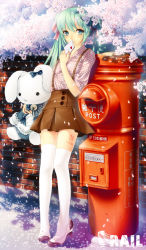 Rule 34 | 1girl, brick wall, cherry blossoms, envelope, green eyes, green hair, hair ribbon, hatsune miku, high heels, japanese postal mark, letter, love letter, mailbox, matching hair/eyes, pigeon-toed, postbox, rabbit, rail (silverbow), ribbon, shoes, solo, stuffed animal, stuffed rabbit, stuffed toy, suspenders, thighhighs, twintails, vocaloid, white thighhighs, zettai ryouiki
