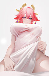 Rule 34 | 1girl, absurdres, animal ears, blush, breasts, dress, earrings, fox ears, genshin impact, hair between eyes, hair ornament, highres, jewelry, large breasts, long hair, looking at viewer, omone hokoma agm, parted lips, pink hair, purple eyes, solo, thighs, very long hair, white background, white dress, yae miko