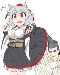 Rule 34 | 10s, 1boy, 1girl, :d, ^^^, blush, breasts, bridal gauntlets, clenched hands, clothes lift, cross-laced clothes, crossover, d:, embarrassed, flat color, frills, fun bo, hat, inubashiri momiji, japanese clothes, kaguya-hime no monogatari, kourindou tengu costume, large breasts, long sleeves, mikado (kaguya-hime no monogatari), no nose, obi, open mouth, peeking, pleated skirt, pointy chin, pom pom (clothes), red eyes, sash, short hair, silver hair, simple background, sketch, skirt, skirt lift, sleeves past wrists, smile, solo focus, standing, surprised, surprised arms, sweatdrop, tassel, tate eboshi, tokin hat, touhou, white background, wide sleeves