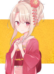 Rule 34 | 1girl, absurdres, blush, closed mouth, commentary request, fate/kaleid liner prisma illya, fate (series), floral print, furisode, hair between eyes, hair up, hands up, highres, illyasviel von einzbern, japanese clothes, kimono, light brown hair, long sleeves, natsu (sinker8c), obi, open clothes, own hands together, pink kimono, print kimono, red eyes, sash, sidelocks, smile, solo, upper body