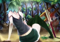 Rule 34 | 1girl, back, bad id, bad pixiv id, butt crack, doko tetora, female focus, forest, gradient hair, green thighhighs, multicolored hair, nature, original, outdoors, plant, red eyes, short hair, sitting, skirt, solo, sword, tank top, thighhighs, tree, weapon