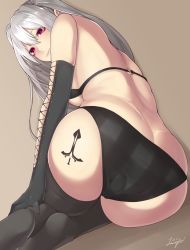 Rule 34 | 1girl, ass, ass tattoo, back, bad id, bad pixiv id, bare shoulders, bikini, black bikini, black gloves, black thighhighs, breasts, brown background, butt crack, elbow gloves, from behind, gloves, hair between eyes, hawayu, highres, legs together, light smile, long hair, looking at viewer, looking back, lying, medium breasts, no shoes, o-ring, o-ring top, on side, original, red eyes, signature, silver hair, simple background, solo, swimsuit, tattoo, thighhighs, underboob