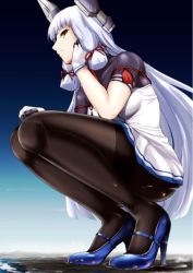 Rule 34 | 1girl, bad id, bad twitter id, blue footwear, blush, breasts, cloud, collarbone, destruction, dress, explosion, fingerless gloves, giant, giantess, gloves, hair ribbon, hand on own cheek, hand on own face, hand on own knee, headgear, high heels, kantai collection, long hair, looking at viewer, looking down, medium breasts, murakumo (kancolle), outdoors, pantyhose, rakia (ds00309), ribbon, sailor dress, shoes, sidelocks, silver hair, sky, smile, smug, solo, squatting, tassel, thighs, tress ribbon, very long hair, white gloves
