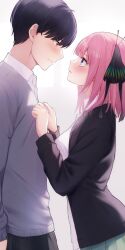 Rule 34 | 1boy, 1girl, black cardigan, black hair, black ribbon, blue eyes, blush, breasts, brown eyes, butterfly hair ornament, cardigan, closed mouth, collared shirt, commentary request, eye contact, eyelashes, go-toubun no hanayome, grey cardigan, hair between eyes, hair ornament, hair ribbon, hands up, highres, kurosaki coco, large breasts, long sleeves, looking at another, medium hair, nakano nino, open cardigan, open clothes, parted lips, pink hair, profile, ribbon, school uniform, shirt, short hair, simple background, standing, twintails, uesugi fuutarou, white background, white shirt, wing collar