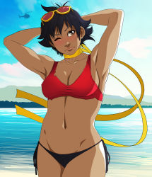 Rule 34 | 1girl, abs, aircraft, arms behind head, beach, bikini, blush, breasts, capcom, choker, cleavage, exmile, eyewear on head, helicopter, highres, lake, looking to the side, makoto (street fighter), midriff, muscular, muscular female, navel, ribbon choker, short hair, spiked hair, street fighter, sunlight, swimsuit, thick thighs, thighs, yellow choker