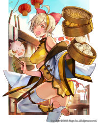 Rule 34 | 1girl, :o, ahoge, artist name, bamboo steamer, baozi, blonde hair, blue sky, bow, chopsticks, cloud, dated, day, detached sleeves, food, hair bow, jit, lantern, light brown hair, looking at viewer, midriff, official art, outdoors, paper lantern, pig, pig tail, red bow, red eyes, short hair, sid story, sky, solo, standing, standing on one leg, table, tail, thighhighs, toes, watermark, white thighhighs, wide sleeves