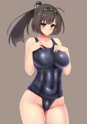 Rule 34 | 10s, 1girl, akizuki (kancolle), bare shoulders, blue eyes, blush, breast suppress, breasts, brown hair, covered navel, hairband, headgear, ishimiso (ishimura), kantai collection, large breasts, long hair, looking at viewer, navel, one-piece swimsuit, ponytail, school swimsuit, smile, solo, standing, swimsuit