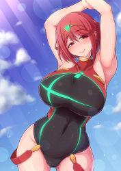 Rule 34 | 1girl, ara ara, armpits, blush, breasts, competition swimsuit, highres, huge breasts, looking at viewer, nintendo, one-piece swimsuit, ponponmaru, pyra (pro swimmer) (xenoblade), pyra (xenoblade), red eyes, red hair, short hair, skin tight, smile, solo, swimsuit, wet, xenoblade chronicles (series), xenoblade chronicles 2