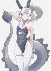 Rule 34 | 1girl, alternate costume, animal ears, arm behind head, arm up, armband, armpits, bare arms, bare shoulders, black leotard, blush, breasts, clothing cutout, commentary, cowboy shot, detached collar, dragon ears, dragon girl, dragon horns, dragon tail, fishnet pantyhose, fishnets, fur-tipped tail, gloves, grey background, grey necktie, hair between eyes, heart cutout, highres, horns, japari symbol, kemono friends, leotard, looking at viewer, necktie, pantyhose, playboy bunny, purple eyes, rabbit ears, short hair, sidelocks, simple background, sleeveless, small breasts, solo, sweatdrop, tail, tanabe (fueisei), thigh strap, white dragon (kemono friends), white gloves, white hair, white pantyhose, wrist cuffs