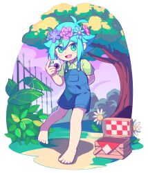 Rule 34 | 1boy, absurdres, basil (headspace) (omori), basil (omori), blue overalls, blush, brick st, camera, day, fence, flower, green eyes, green hair, green shirt, head wreath, highres, holding, holding camera, looking at viewer, omori, open mouth, outdoors, overall shorts, overalls, picnic basket, shirt, short hair, short sleeves, smile, solo, tree