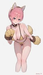 Rule 34 | 1girl, absurdres, animal ears, animal print, arm up, bare shoulders, bikini, blue eyes, blush, breasts, cleavage, collar, collarbone, cropped legs, dog ears, dog girl, dog paws, dog tail, earrings, fake animal ears, go-toubun no hanayome, grey background, grin, highres, jewelry, large breasts, legs, looking at viewer, nakano ichika, navel, pink hair, simple background, smile, solo, sooon, standing, stomach, swimsuit, tail, thigh gap, thighs, twitter username, yellow bikini