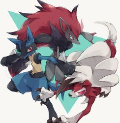 Rule 34 | animal ears, aqua eyes, bad id, bad pixiv id, claws, creatures (company), dog, dog ears, dog tail, eye contact, furry, game freak, gen 4 pokemon, gen 5 pokemon, gen 7 pokemon, green eyes, grin, hair ornament, highres, long hair, looking at another, lucario, lycanroc, lycanroc (midnight), nintendo, pink eyes, pokemon, pokemon (creature), red eyes, red hair, simple background, smile, tail, takase (takase1214), teeth, triangle, very long hair, white background, wolf ears, zoroark