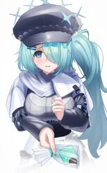 Rule 34 | 1girl, absurdres, aqua hair, blue archive, blue eyes, breasts, cabbie hat, chocolate, fingernails, gogogoiru, hair over one eye, hat, highres, hiyori (blue archive), large breasts, long hair, scarf, side ponytail, white background
