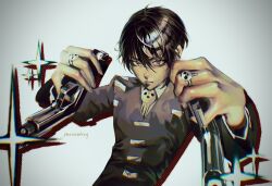 Rule 34 | 1boy, black hair, chromatic aberration, collared shirt, death the kid, finger on trigger, gun, hair between eyes, highres, holding, holding gun, holding weapon, jewelry, long sleeves, looking at viewer, male focus, multicolored hair, phoneafrog, ring, shirt, short hair, skull, skull ring, solo, soul eater, sparkle, streaked hair, weapon, white background, white hair, white shirt