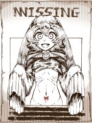 Rule 34 | 1girl, :d, aygoftenover, cross, fang, greyscale, groin, happy, highres, kfufu (shy), long hair, long sleeves, looking at viewer, missing poster, monochrome, navel, open mouth, shy (series), skinny, sleeves past fingers, sleeves past wrists, smile, solo, spot color