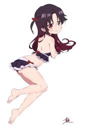 Rule 34 | 10s, 1girl, absurdres, barefoot, bikini, black bikini, black hair, blush, bow, brown hair, cao yuxiang, feet, gradient hair, hair bow, highres, long hair, looking at viewer, multicolored hair, red bow, red eyes, ryuuou no oshigoto!, simple background, solo, swimsuit, white background, yashajin ai