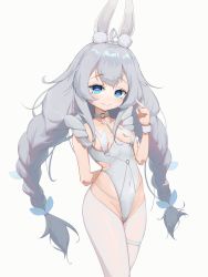 Rule 34 | 1girl, absurdres, ahoge, animal ear fluff, animal ears, arm behind back, azur lane, blue eyes, braid, breast curtains, breasts, covered navel, dieflsh, fake animal ears, grey background, groin, highleg, highleg leotard, highres, le malin (azur lane), le malin (listless lapin) (azur lane), leotard, long hair, official alternate costume, pointing, pointing at self, rabbit ears, silver hair, simple background, small breasts, smile, solo, thighhighs, thighs, twin braids, twintails, very long hair, white leotard, white thighhighs, wrist cuffs