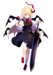 Rule 34 | 1girl, ascot, benio (dontsugel), black skirt, blonde hair, blush, collared shirt, ex-rumia, full body, hair between eyes, juliet sleeves, loafers, long hair, long sleeves, looking at viewer, open mouth, puffy sleeves, red eyes, red footwear, rumia, shirt, shoes, simple background, skirt, skirt set, smile, socks, solo, sword, touhou, weapon, white background, white shirt, white socks