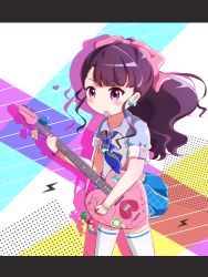 Rule 34 | 1girl, blue bow, blue bowtie, blue shirt, blue skirt, blush, bow, bowtie, closed mouth, collarbone, collared shirt, commentary request, electric guitar, goth risuto, guitar, heart, heart guitar, holding, holding instrument, instrument, kujou ume, letterboxed, lightning bolt symbol, long hair, looking at viewer, mouth hold, pleated skirt, plectrum, polka dot neckwear, ponytail, puffy short sleeves, puffy sleeves, purple eyes, purple hair, school uniform, shirt, short sleeves, skirt, solo, thighhighs, tokyo 7th sisters, v-shaped eyebrows, vest, white thighhighs