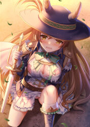 Rule 34 | 1girl, animal ears, blush, boots, breasts, brown hair, cleavage, clenched teeth, commentary request, grimace, hat, horse ears, horse girl, kneeling, large breasts, leaf, long hair, looking at viewer, official alternate costume, official alternate hairstyle, rapier, satono diamond (chevalier bleu) (umamusume), satono diamond (umamusume), simple background, solo, sword, teeth, torn clothes, toshi (1-147), umamusume, uniform, weapon