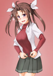 Rule 34 | 1girl, alternate costume, anti (untea9), blush, breasts, brown hair, gradient background, hair ornament, hair ribbon, highres, kagerou (kancolle), kantai collection, large breasts, long hair, long sleeves, open mouth, pleated skirt, purple eyes, red sweater, ribbed sweater, ribbon, skirt, smile, solo, sweater, tented shirt, twintails, white ribbon