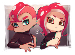 Rule 34 | 1boy, 1girl, agent 8 (splatoon), blue eyes, chromatic aberration, closed mouth, coula cat, dark-skinned male, dark skin, long hair, long sleeves, looking at viewer, mohawk, nintendo, octoling, octoling player character, parted lips, red hair, short hair, single bare shoulder, single sleeve, splatoon (series), splatoon 2, splatoon 2: octo expansion, suction cups, tentacle hair, turtleneck, upper body, yellow eyes