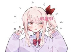 Rule 34 | 1other, akiyama mizuki, blush, bow, cardigan, collared shirt, diagonal-striped bow, double v, hair ornament, hands up, kamiyama high school uniform (project sekai), korean text, long hair, long sleeves, looking at viewer, open collar, other focus, pink eyes, pink hair, project sekai, red bow, school uniform, shirt, side ponytail, sidelocks, siiaka023, simple background, sleeves past wrists, solo, tongue, tongue out, translation request, upper body, v, white background, white cardigan, white shirt