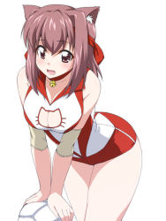Rule 34 | 10s, 1girl, adapted costume, animal ears, ball, bell, blush, breasts, brown eyes, brown hair, cat cutout, cat ears, cat lingerie, choker, cleavage, cleavage cutout, clothing cutout, girls und panzer, jingle bell, kemonomimi mode, kondou taeko, large breasts, looking at viewer, meme attire, mikagami sou, neck bell, open mouth, short hair, simple background, sleeveless, smile, solo, sportswear, volleyball (object), volleyball uniform, white background