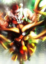 Rule 34 | 1boy, antlers, beard, bell, black sclera, braid, christmas, city, city lights, cityscape, collar, colored sclera, facial hair, glowing, glowing eyes, highres, horns, male focus, manly, mattari yufi, muscular, neck bell, open mouth, red eyes, red nose, reindeer, riding, rudolph the red nosed reindeer, santa claus, snowing, white hair