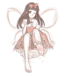 Rule 34 | 1girl, barefoot, bloomers, blush, bow, dress, fairy, fairy wings, feet, female focus, full body, hair bow, hairband, highres, hime cut, kuro suto sukii, leg up, long hair, looking at viewer, monochrome, one eye closed, simple background, sketch, smile, soles, solo, star sapphire, toes, touhou, underwear, white background, wings