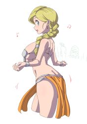 Rule 34 | 1girl, :d, absurdres, armor, bare shoulders, beamed eighth notes, bianca (dq5), bikini armor, blonde hair, blue eyes, blush, braid, breasts, butt crack, cropped legs, dancer&#039;s costume (dq), dancing, dragon quest, dragon quest v, earrings, eighth note, eyelashes, hair over shoulder, hero (dq5), highres, jewelry, large breasts, loincloth, long hair, motion lines, musical note, open mouth, powerhamuhamu, simple background, single braid, smile, solo, standing, underboob, white background, wristlet
