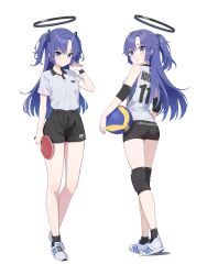 Rule 34 | 1girl, :o, absurdres, alternate costume, ball, black halo, black shorts, blue archive, blue eyes, blue hair, closed mouth, clothes writing, full body, halo, highres, holding, holding ball, holding racket, long hair, looking at viewer, multiple views, ponytail, racket, shirt, short sleeves, shorts, simple background, sportswear, standing, tem (tempainting1), tennis uniform, two side up, volleyball (object), volleyball uniform, white background, white shirt, yuuka (blue archive)