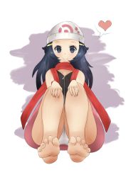 Rule 34 | 1girl, barefoot, blue eyes, blue hair, closed mouth, creatures (company), dawn (pokemon), ethan(33327245), feet, foot focus, game freak, hair ornament, hat, heart, highres, long hair, matching hair/eyes, nintendo, panties, pantyshot, pokemon, pokemon dppt, scarf, simple background, smile, soles, speech bubble, toes, underwear, white background, zipper