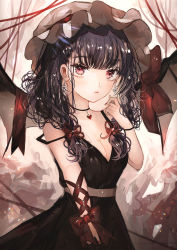 Rule 34 | 1girl, alternate color, alternate costume, bare shoulders, bat wings, black dress, black hair, blush, bow, breasts, choker, cleavage, closed mouth, curly hair, dress, earrings, hat, heart, highres, jewelry, long hair, looking at viewer, majamari, medium breasts, mob cap, nail polish, red eyes, red nails, red ribbon, remilia scarlet, ribbon, sleeveless, sleeveless dress, solo, standing, touhou, white hat, wings