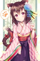 Rule 34 | 1girl, animal ear fluff, animal ears, back bow, bell, black choker, blue flower, blush, bow, brown hair, cat ears, cat girl, cat tail, choker, closed mouth, commentary request, flower, hair between eyes, hair flower, hair ornament, hakama, hakama skirt, hand up, japanese clothes, jingle bell, kimono, long sleeves, looking at viewer, neck bell, obi, original, paw pose, pink kimono, print kimono, purple eyes, purple hakama, red bow, sakura ani, sash, skirt, sleeves past wrists, smile, solo, tail, tail bow, tail ornament, wide sleeves, yagasuri