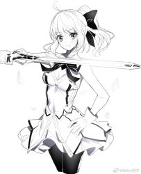 Rule 34 | 1girl, ahoge, artoria pendragon (all), artoria pendragon (fate), bare shoulders, blush, bow, breasts, caliburn (fate), closed mouth, dress, fate/unlimited codes, fate (series), gloves, greyscale, hair between eyes, hair bow, hand on own hip, holding, holding sword, holding weapon, long hair, looking at viewer, medium breasts, monochrome, outstretched arm, pantyhose, petals, ponytail, ririko (zhuoyandesailaer), saber lily, sidelocks, sleeveless, sleeveless dress, smile, solo, sword, weapon