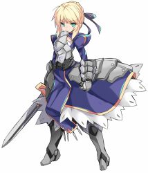 Rule 34 | 1girl, ahoge, armor, armored boots, artoria pendragon (all), artoria pendragon (fate), blonde hair, blue dress, boots, braid, breastplate, commentary request, dress, fate/stay night, fate (series), full body, gauntlets, green eyes, green ribbon, hair ribbon, highres, holding, holding sword, holding weapon, juliet sleeves, karukan (monjya), long sleeves, puffy sleeves, ribbon, saber (fate), short hair, simple background, solo, sword, weapon, white background