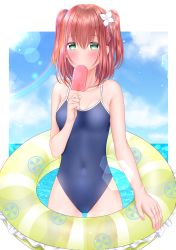 Rule 34 | 1girl, blue one-piece swimsuit, blue sky, blush, breasts, brown hair, cleavage, collarbone, competition school swimsuit, covered navel, cowboy shot, day, flower, food, green eyes, hair flower, hair ornament, highres, holding, holding food, ice cream, innertube, kurosawa ruby, lens flare, lino (lilyparty07), looking at viewer, love live!, love live! sunshine!!, medium hair, ocean, one-piece swimsuit, popsicle, rainbow, school swimsuit, sky, small breasts, solo, standing, swim ring, swimsuit, thigh gap, twintails, two side up, white flower