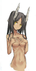Rule 34 | 1girl, black hair, breasts, covering privates, covering breasts, dark skin, dark-skinned female, demon girl, graphite (medium), head tilt, horns, mixed media, nabeshima tetsuhiro, nude, nude cover, original, solo, traditional media, yellow eyes