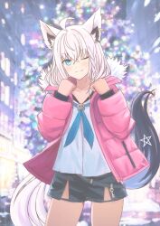 Rule 34 | 1girl, ahoge, animal ear fluff, animal ears, black shorts, blue neckerchief, blurry, blurry background, blush, braid, cganime, commentary request, earrings, fox ears, fox girl, fox tail, green eyes, hair between eyes, highres, hololive, jacket, jewelry, long hair, looking at viewer, neckerchief, one eye closed, open clothes, open jacket, outdoors, pentagram, pink jacket, shirakami fubuki, shirt, shorts, sidelocks, single braid, smile, solo, tail, virtual youtuber, white hair, white shirt